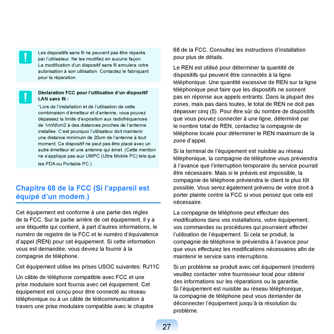 Samsung NP-R20F001/SEF, NP-R20A000/SEF, NP-R20F000/SEF manual Chapitre 68 de la FCC Si l’appareil est équipé d’un modem 