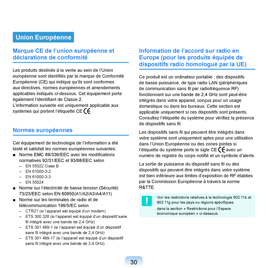 Samsung NP-R20F002/SEF, NP-R20F001/SEF, NP-R20A000/SEF, NP-R20F000/SEF manual Union Européenne, Normes européennes 