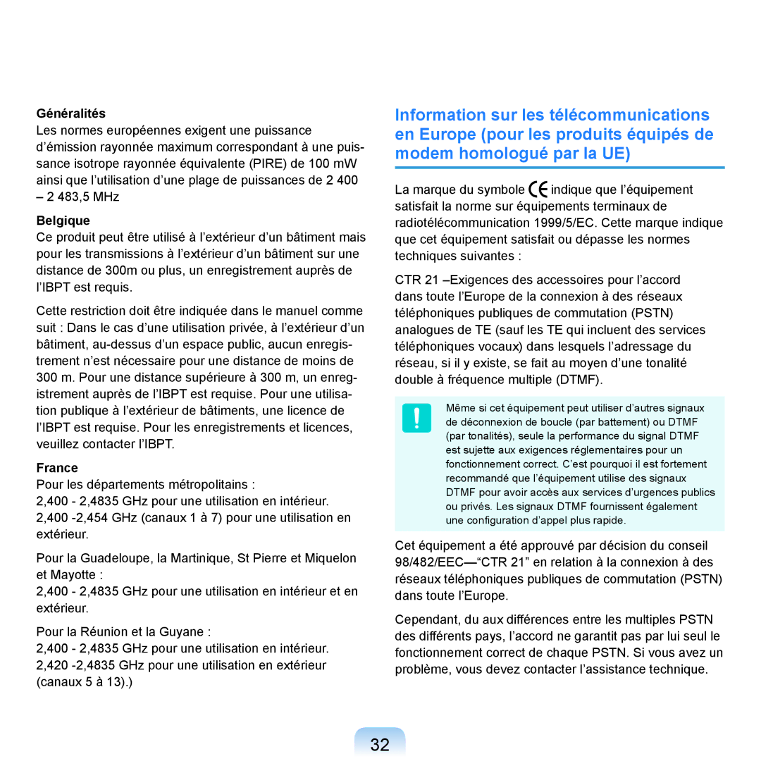 Samsung NP-R20A000/SEF, NP-R20F001/SEF, NP-R20F000/SEF, NP-R20F002/SEF manual Généralités, Belgique, France 