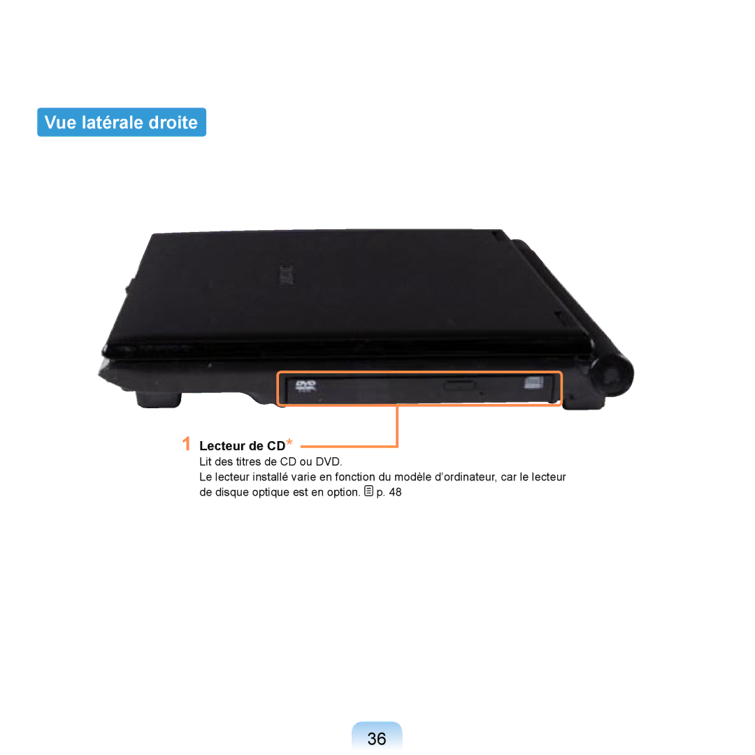 Samsung NP-R20A000/SEF, NP-R20F001/SEF, NP-R20F000/SEF, NP-R20F002/SEF manual Vue latérale droite, Lecteur de CD 