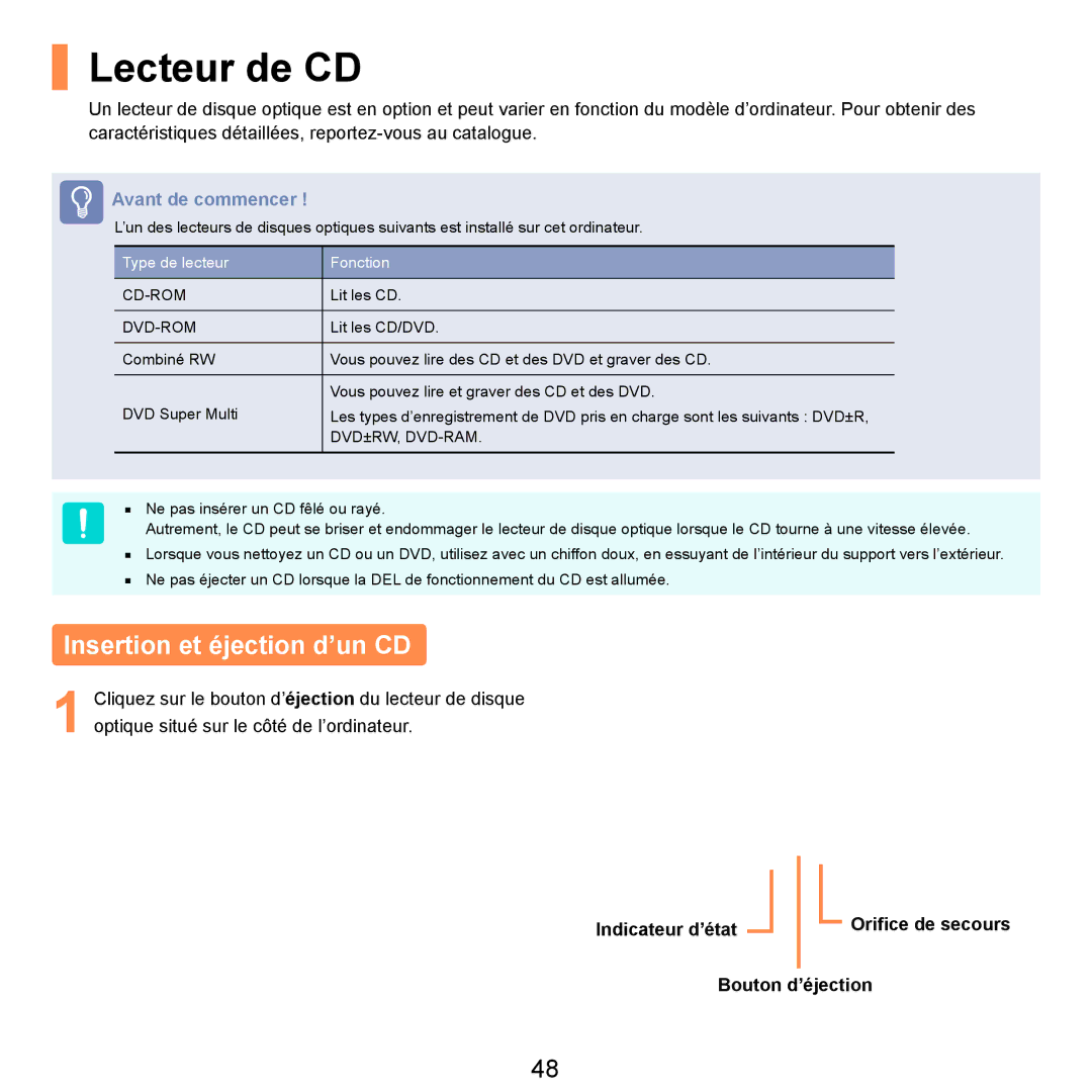 Samsung NP-R20A000/SEF Lecteur de CD, Insertion et éjection d’un CD, Indicateur d’état Oriﬁce de secours Bouton d’éjection 