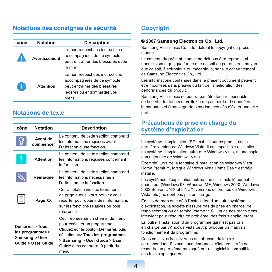 Samsung NP-R20A000/SEF Notations des consignes de sécurité, Notations de texte, Copyright, Icône Notation Description 