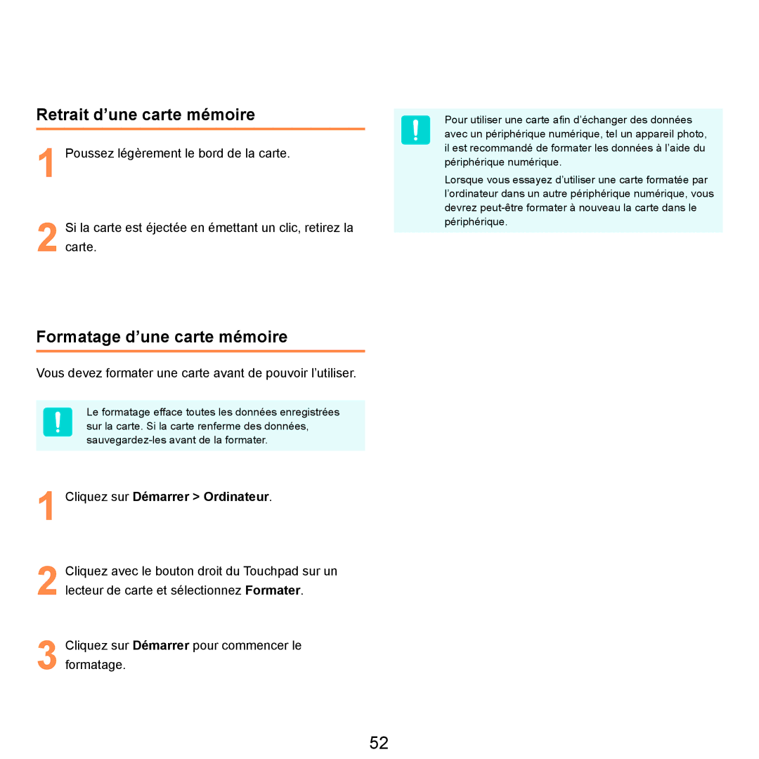 Samsung NP-R20A000/SEF manual Retrait d’une carte mémoire, Formatage d’une carte mémoire, Cliquez sur Démarrer Ordinateur 