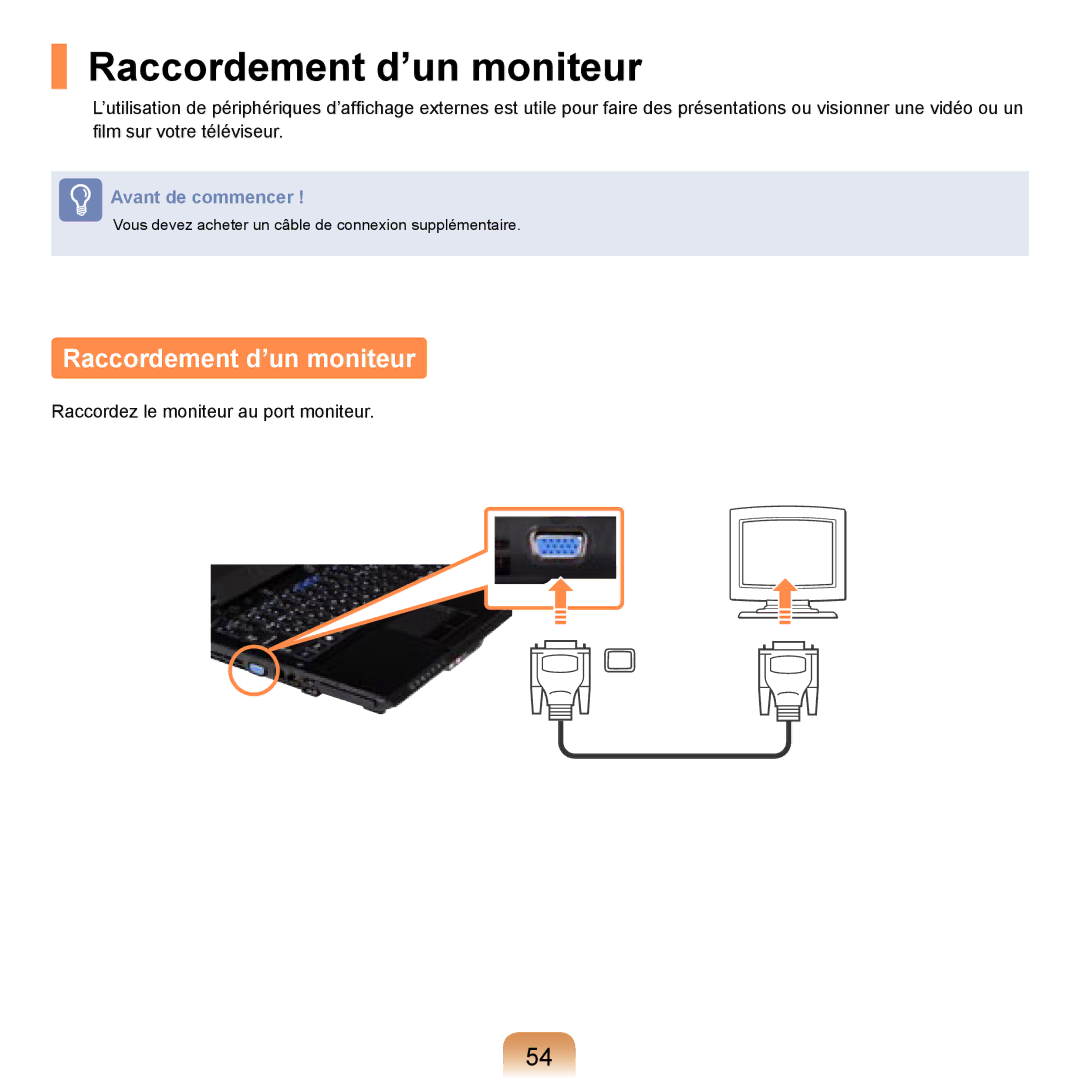 Samsung NP-R20F002/SEF, NP-R20F001/SEF, NP-R20A000/SEF, NP-R20F000/SEF manual Raccordement d’un moniteur 