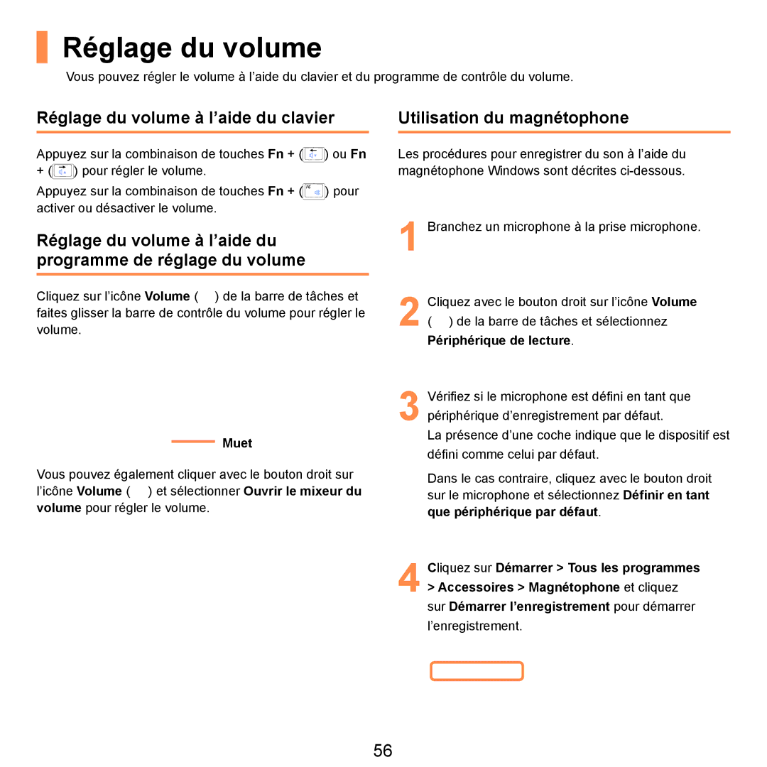 Samsung NP-R20A000/SEF, NP-R20F001/SEF manual Réglage du volume à l’aide du clavier, Utilisation du magnétophone 