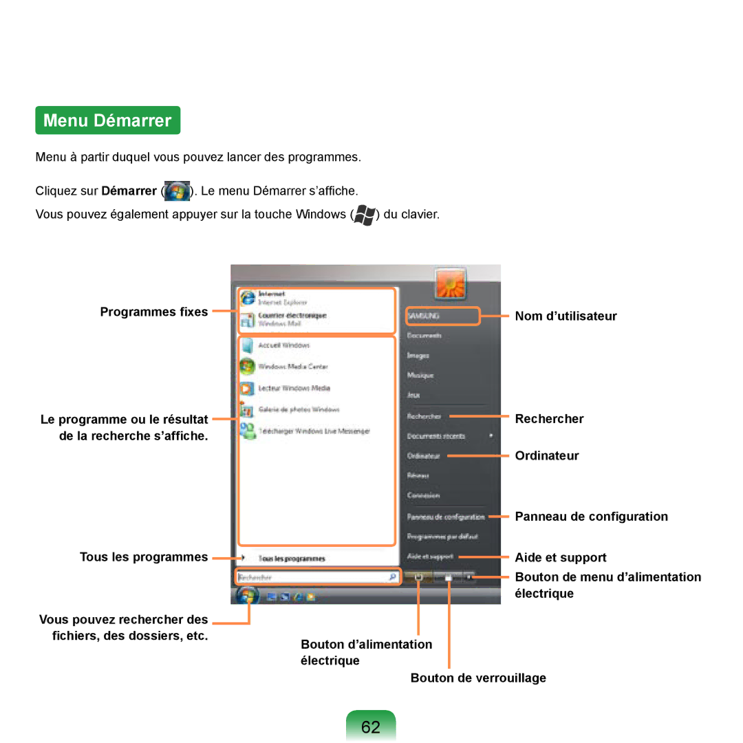 Samsung NP-R20F002/SEF, NP-R20F001/SEF manual Menu Démarrer, Programmes ﬁxes Nom d’utilisateur, Rechercher, Électrique 