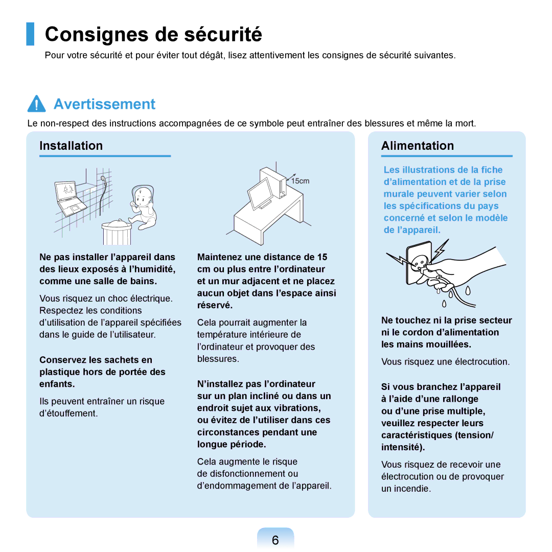 Samsung NP-R20F002/SEF, NP-R20F001/SEF, NP-R20A000/SEF, NP-R20F000/SEF manual Consignes de sécurité, Installation Alimentation 