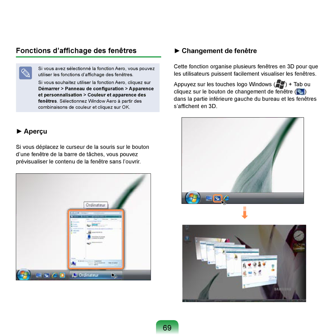 Samsung NP-R20F000/SEF, NP-R20F001/SEF, NP-R20A000/SEF, NP-R20F002/SEF manual Fonctions d’afﬁchage des fenêtres, Aperçu 