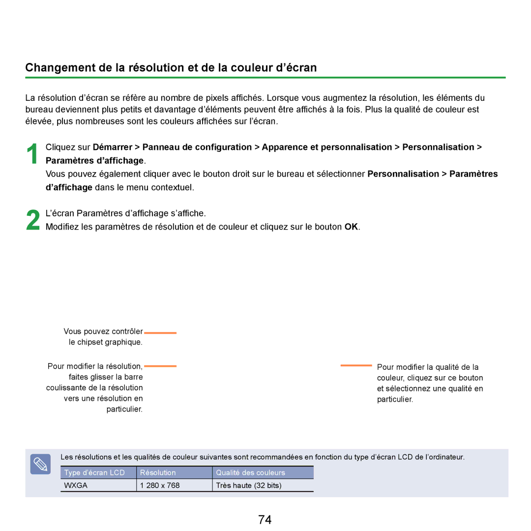 Samsung NP-R20F002/SEF, NP-R20F001/SEF, NP-R20A000/SEF, NP-R20F000/SEF Changement de la résolution et de la couleur d’écran 