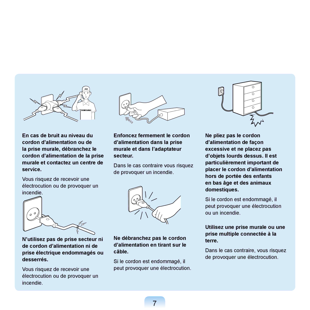 Samsung NP-R20F001/SEF, NP-R20A000/SEF, NP-R20F000/SEF manual Dans le cas contraire vous risquez de provoquer un incendie 