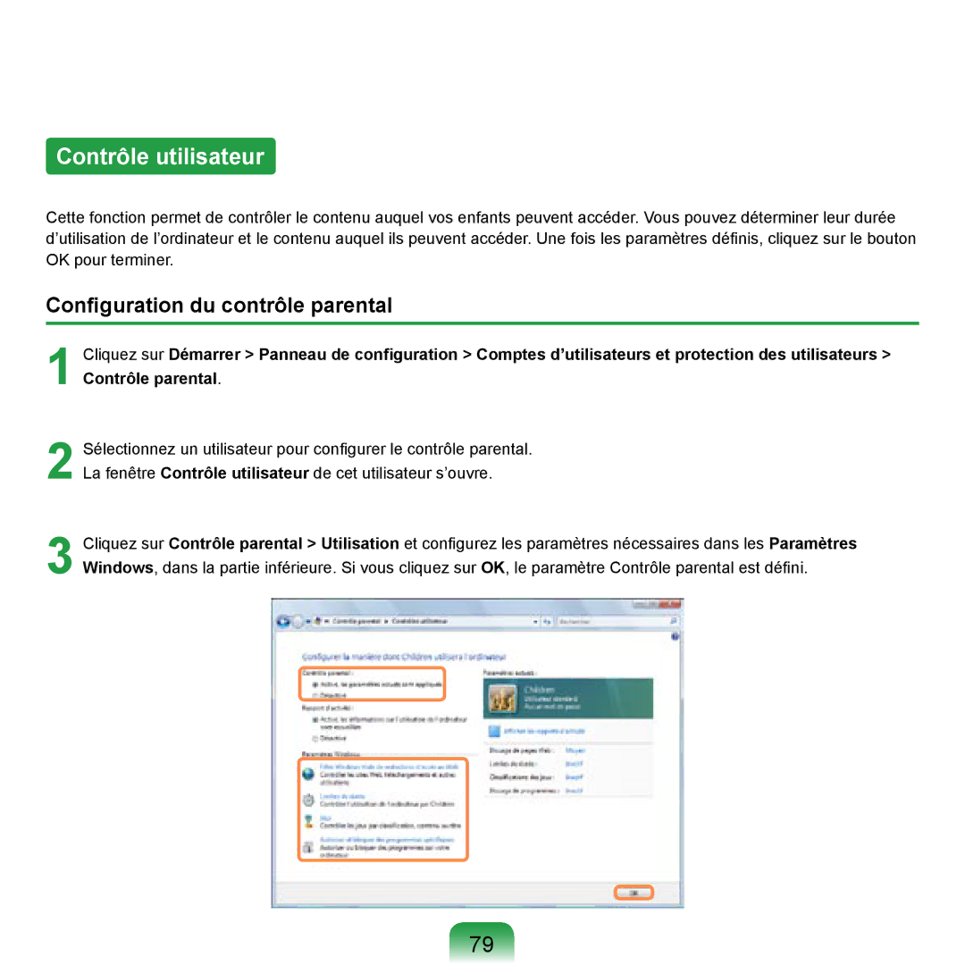 Samsung NP-R20F001/SEF, NP-R20A000/SEF, NP-R20F000/SEF manual Contrôle utilisateur, Conﬁguration du contrôle parental 