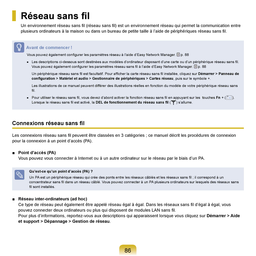 Samsung NP-R20F002/SEF manual Réseau sans ﬁl, Connexions réseau sans ﬁl, Point d’accès PA, Réseau inter-ordinateurs ad hoc 