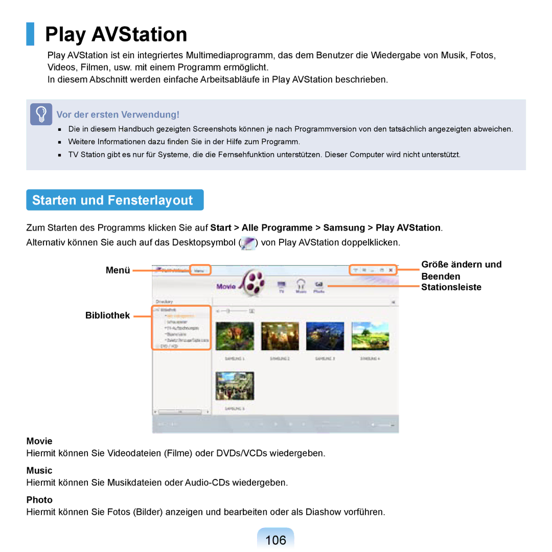 Samsung NP-R20F001/SEG, NP-R20F002/SEG, NP-R20F003/SEG, NP-R20A000/SEG manual Play AVStation, Starten und Fensterlayout, 106 