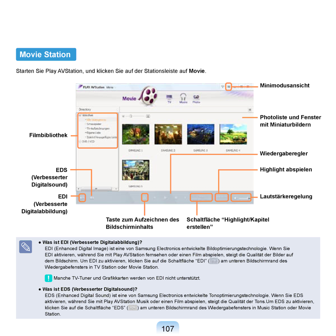 Samsung NP-R20A000/SEG manual Movie Station, 107, Highlight abspielen, Verbesserter Digitalsound, Lautstärkeregelung 
