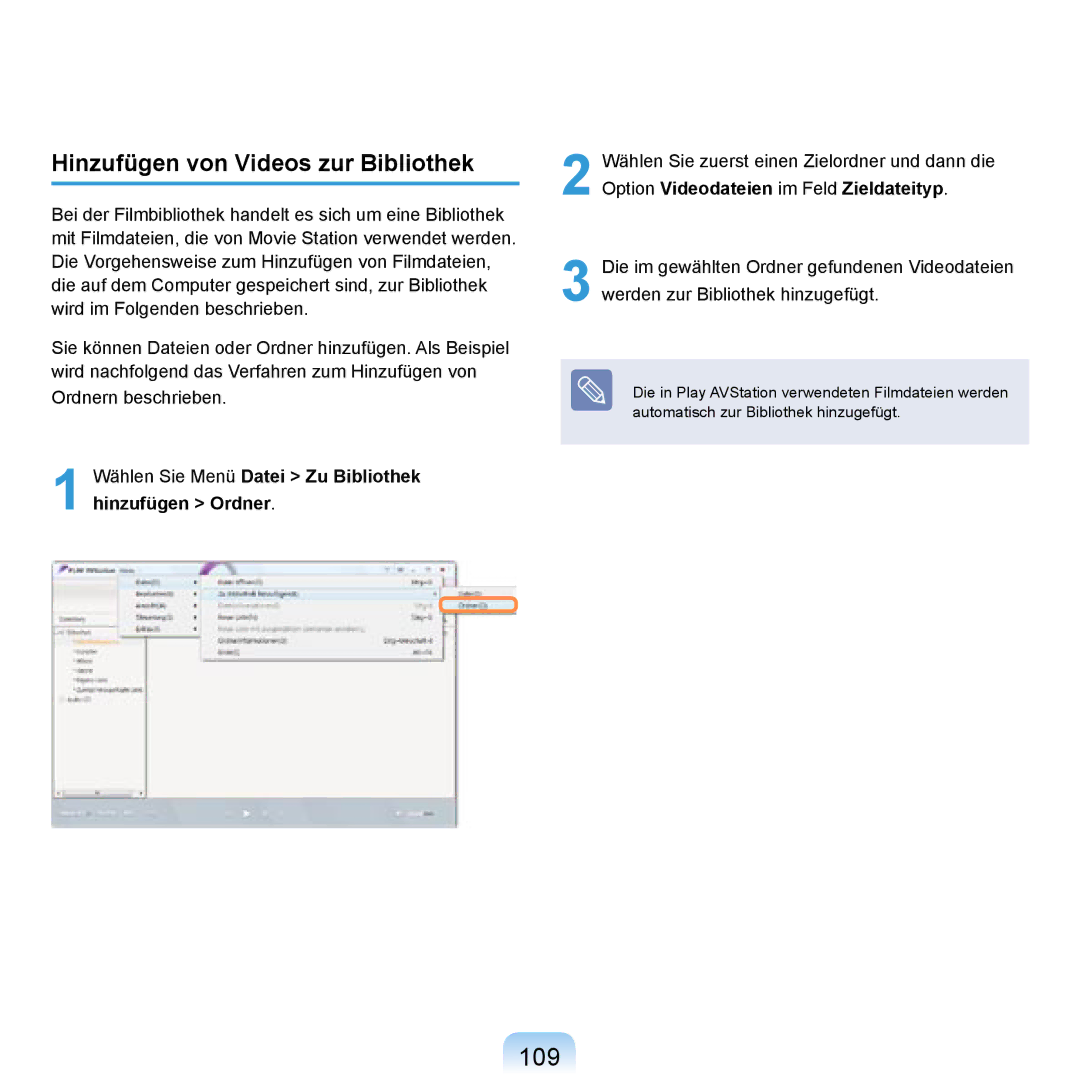 Samsung NP-R20F002/SEG 109, Hinzufügen von Videos zur Bibliothek, Wählen Sie Menü Datei Zu Bibliothek hinzufügen Ordner 