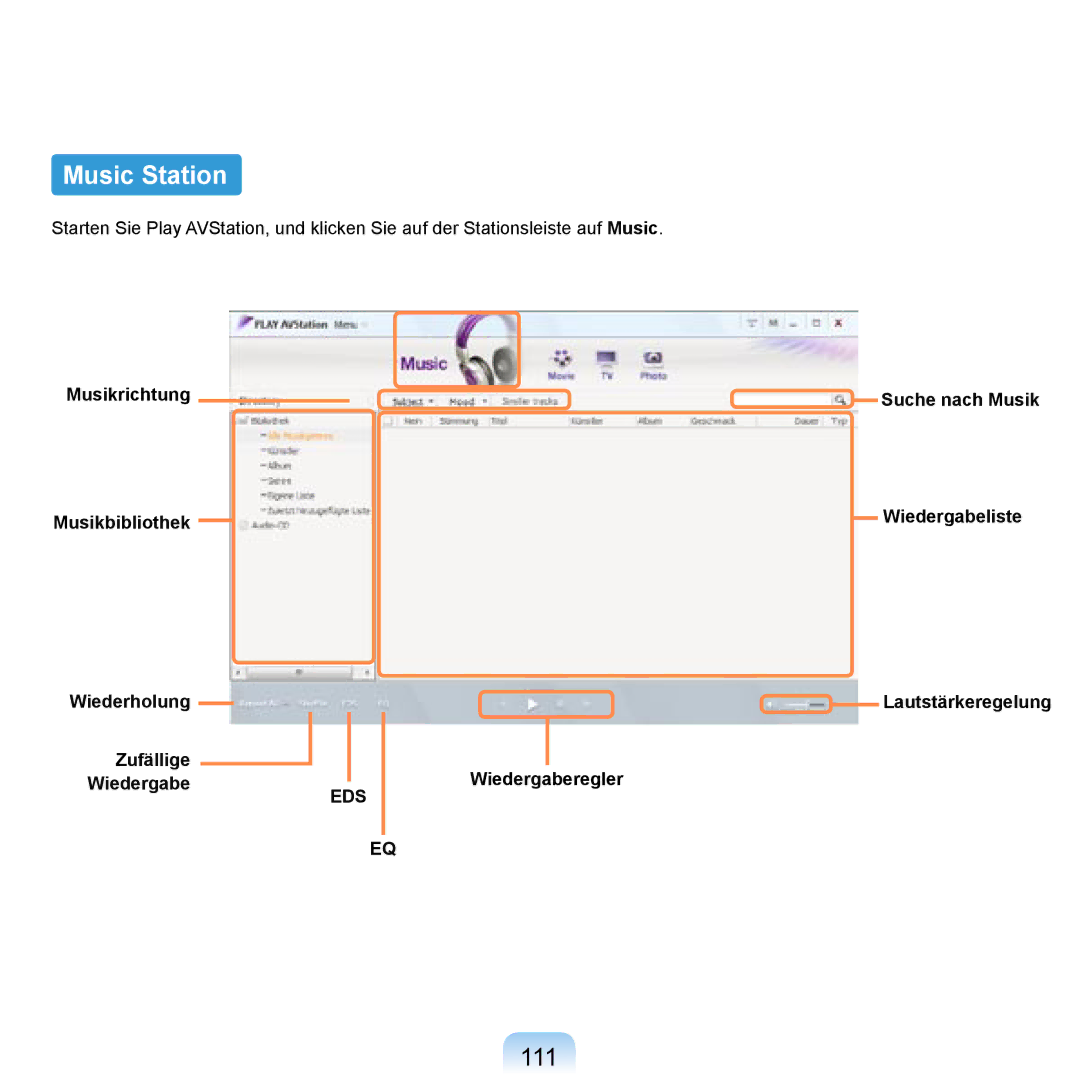 Samsung NP-R20F001/SEG, NP-R20F002/SEG, NP-R20F003/SEG manual Music Station, 111, Musikrichtung Musikbibliothek, Zufällige 