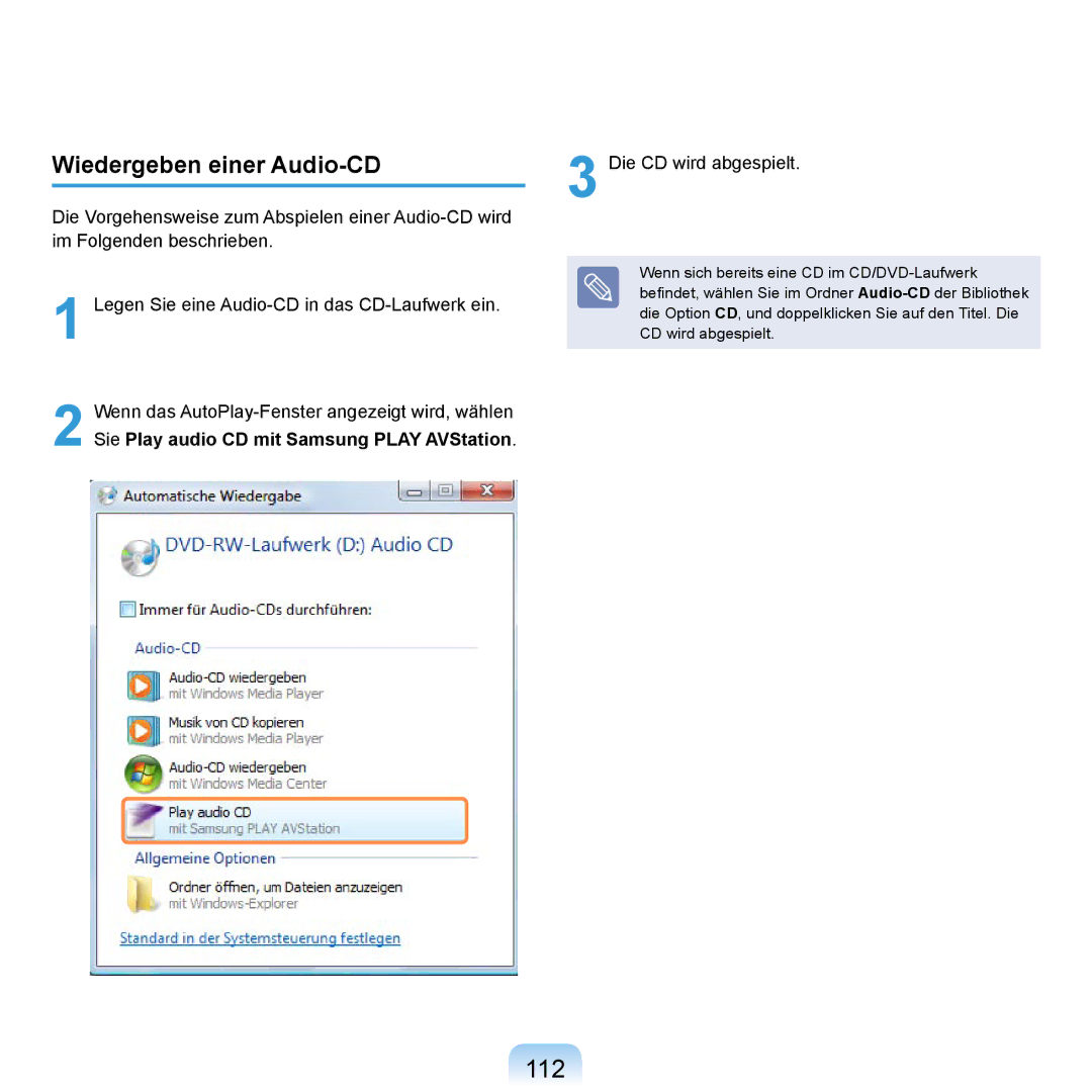 Samsung NP-R20A000/SEG, NP-R20F002/SEG, NP-R20F003/SEG, NP-R20F001/SEG, NP-R20F000/SEG manual 112, Wiedergeben einer Audio-CD 