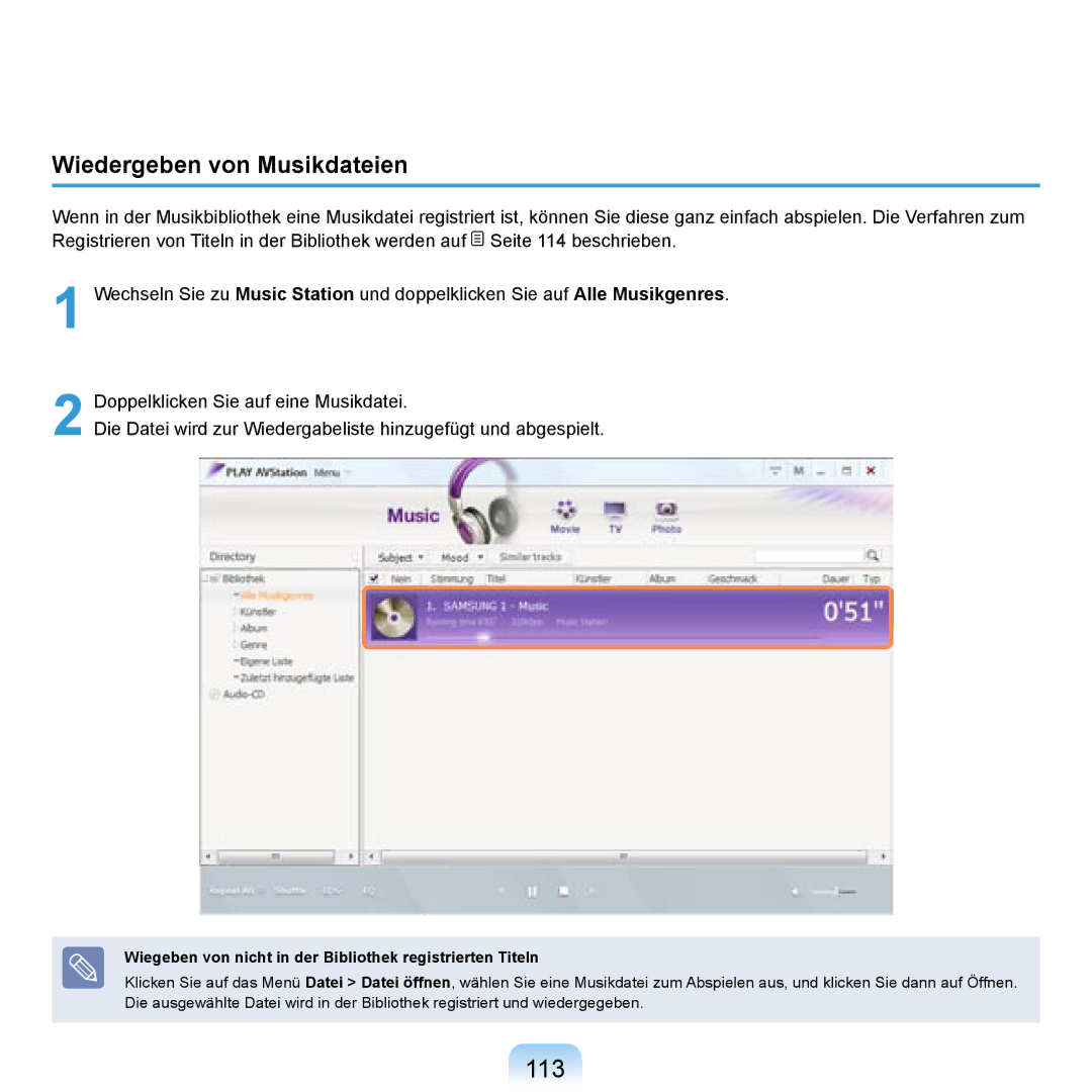 Samsung NP-R20F000/SEG manual 113, Wiedergeben von Musikdateien, Wiegeben von nicht in der Bibliothek registrierten Titeln 