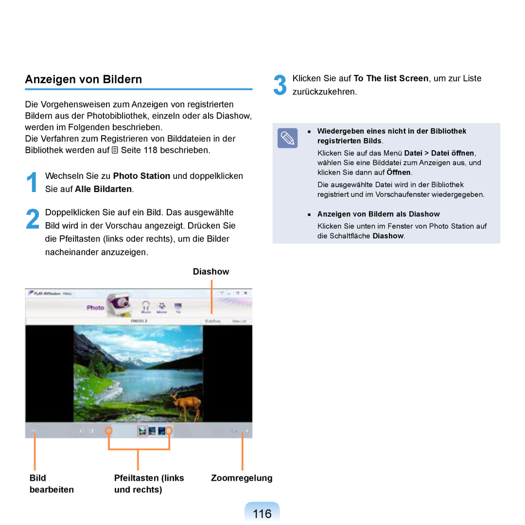 Samsung NP-R20F001/SEG manual 116, Anzeigen von Bildern, Bild Pfeiltasten links Zoomregelung Bearbeiten Und rechts 