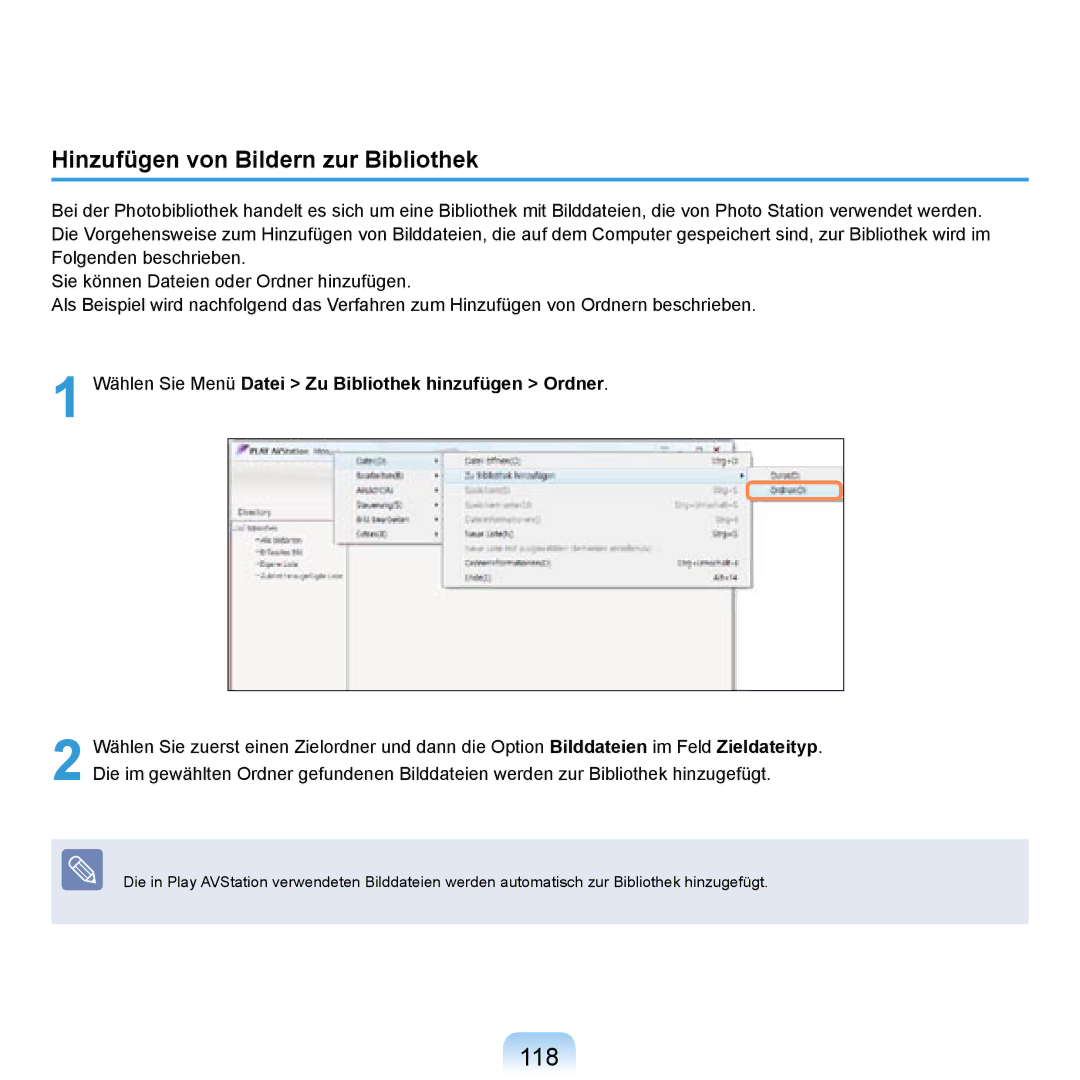 Samsung NP-R20F000/SEG, NP-R20F002/SEG, NP-R20F003/SEG, NP-R20F001/SEG manual 118, Hinzufügen von Bildern zur Bibliothek 