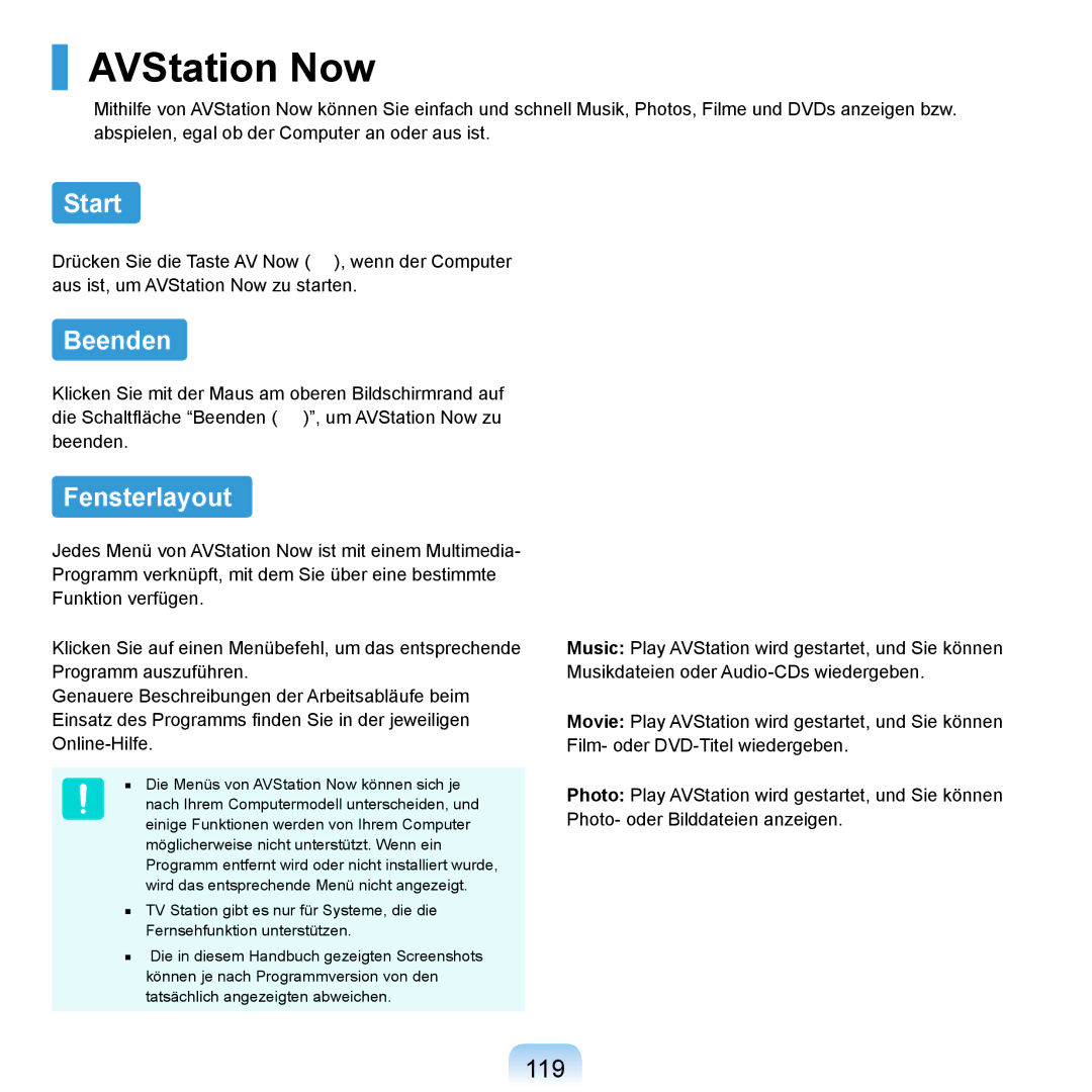 Samsung NP-R20F002/SEG, NP-R20F003/SEG, NP-R20F001/SEG, NP-R20A000/SEG AVStation Now, Start, Beenden, Fensterlayout, 119 