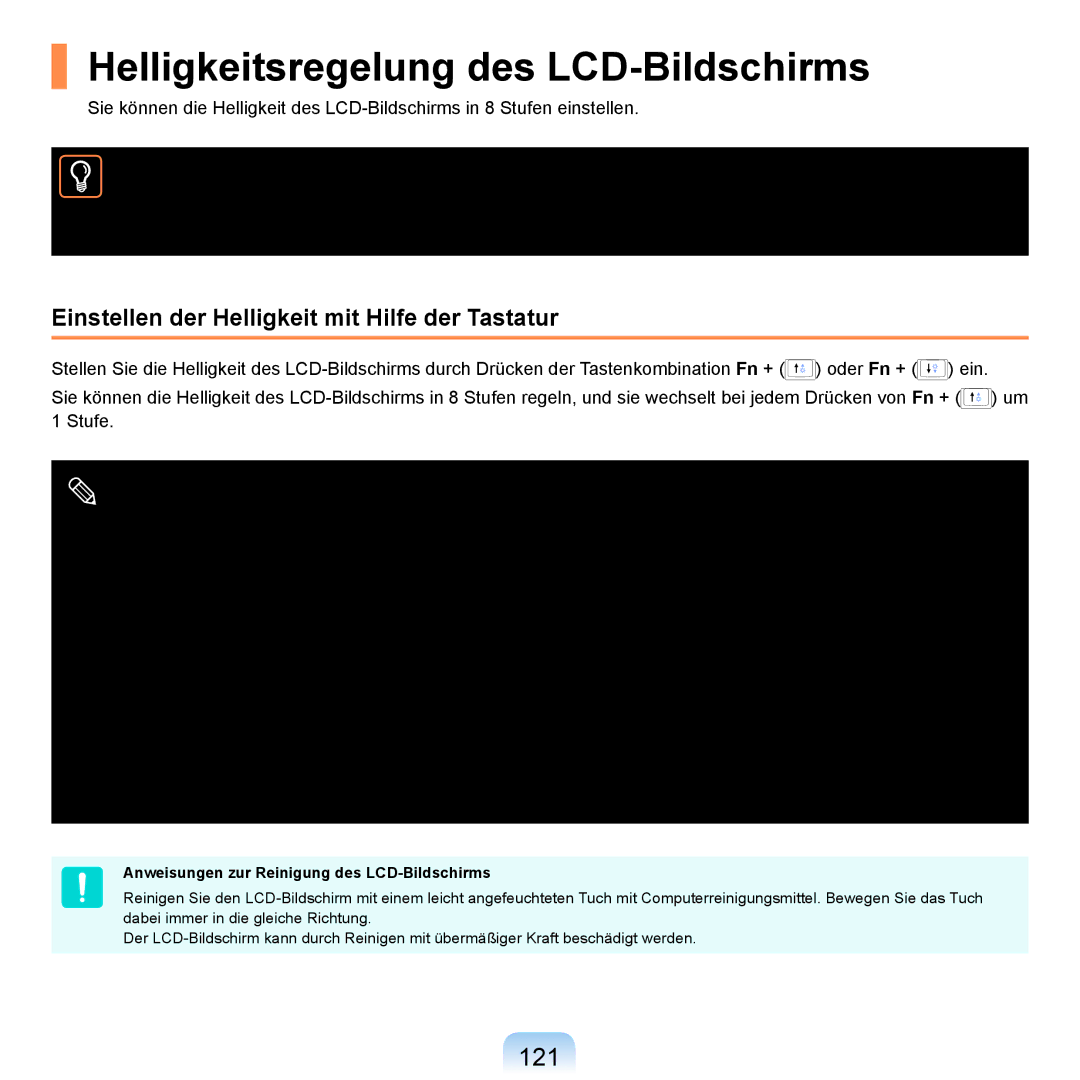 Samsung NP-R20F001/SEG Helligkeitsregelung des LCD-Bildschirms, 121, Einstellen der Helligkeit mit Hilfe der Tastatur 