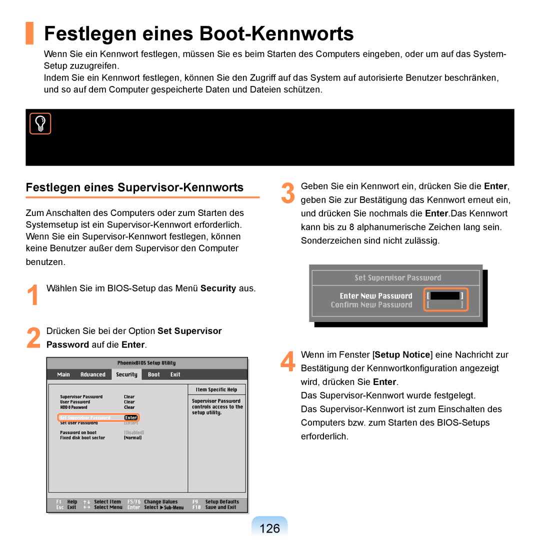 Samsung NP-R20F001/SEG, NP-R20F002/SEG manual Festlegen eines Boot-Kennworts, 126, Festlegen eines Supervisor-Kennworts 