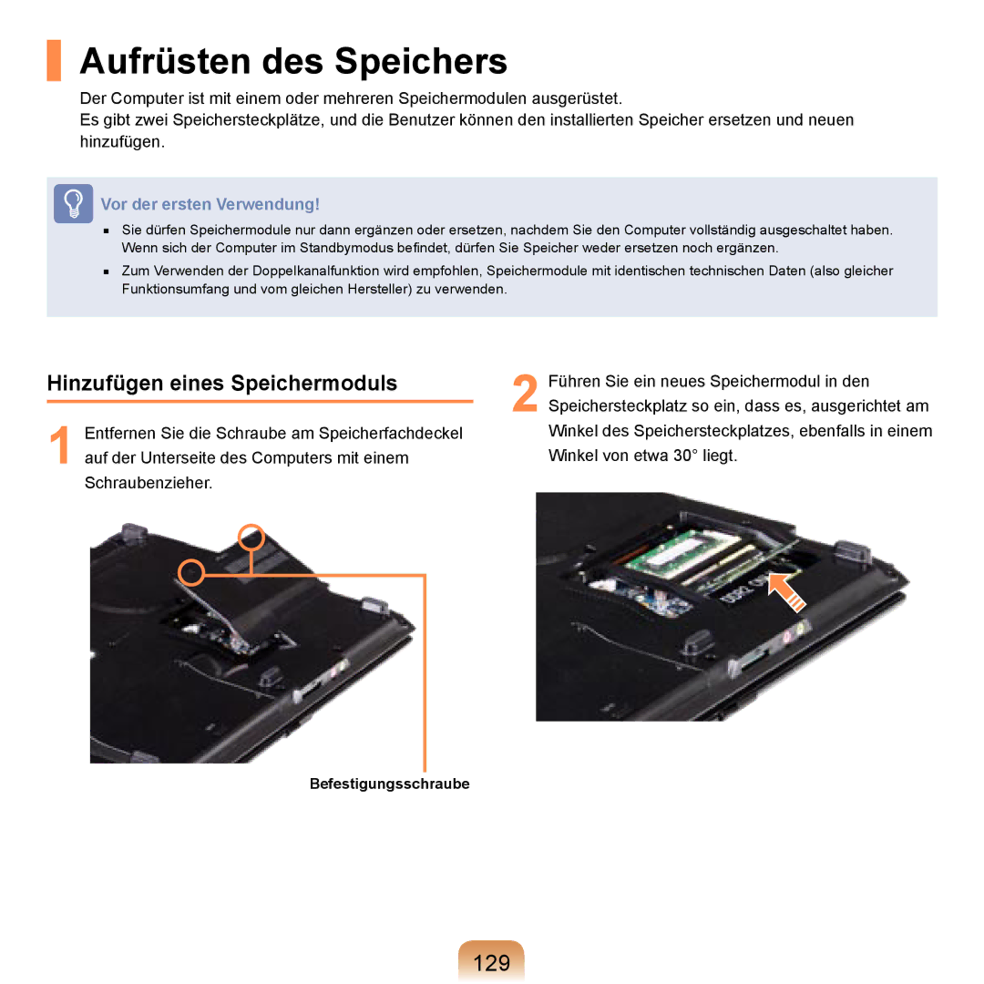 Samsung NP-R20F002/SEG, NP-R20F003/SEG, NP-R20F001/SEG manual Aufrüsten des Speichers, 129, Hinzufügen eines Speichermoduls 