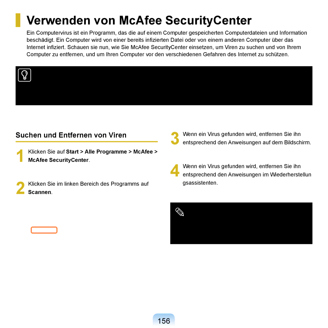 Samsung NP-R20F001/SEG, NP-R20F002/SEG manual Verwenden von McAfee SecurityCenter, 156, Suchen und Entfernen von Viren 