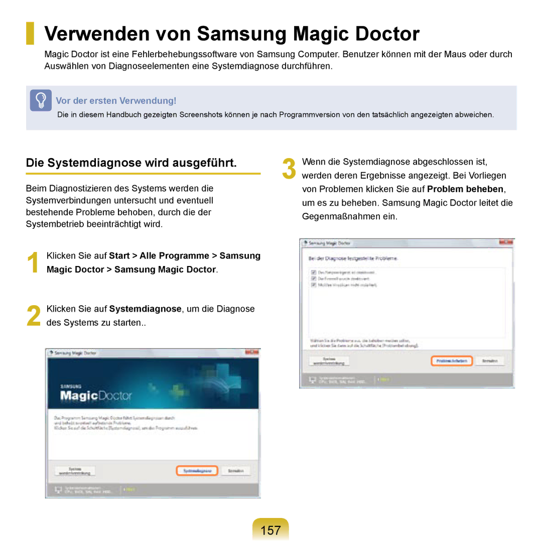 Samsung NP-R20A000/SEG, NP-R20F002/SEG manual Verwenden von Samsung Magic Doctor, 157, Die Systemdiagnose wird ausgeführt 