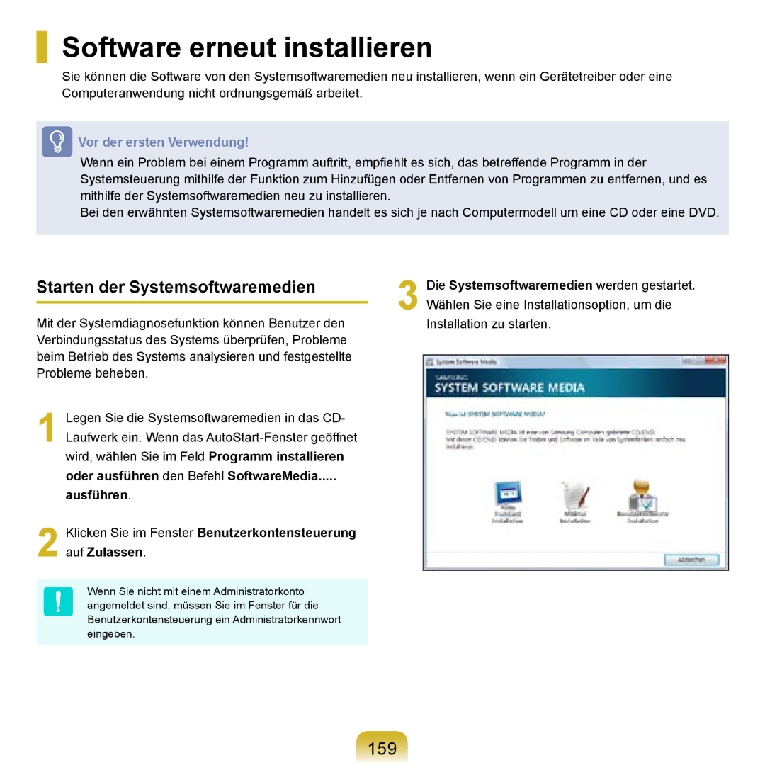 Samsung NP-R20F002/SEG, NP-R20F003/SEG, NP-R20F001/SEG Software erneut installieren, 159, Starten der Systemsoftwaremedien 