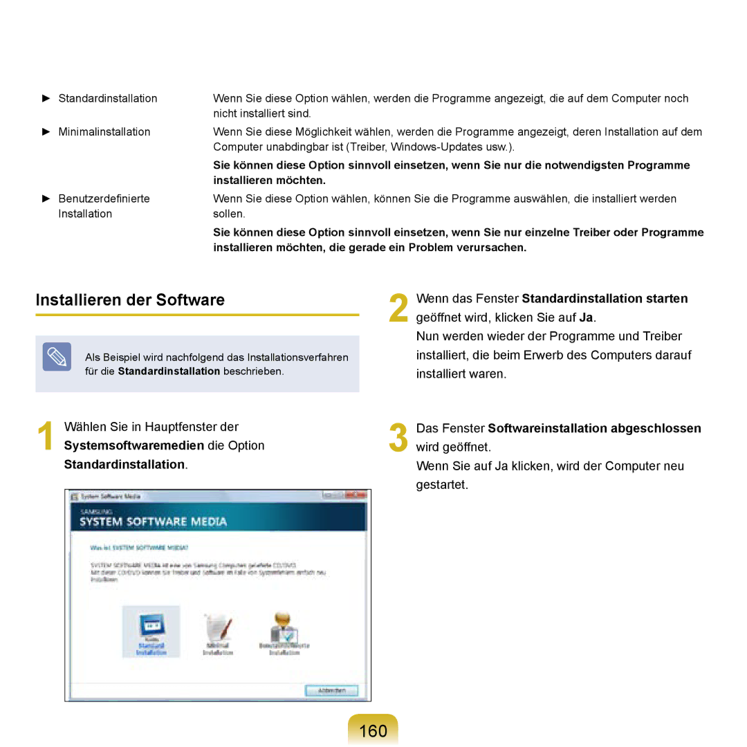 Samsung NP-R20F003/SEG, NP-R20F002/SEG, NP-R20F001/SEG, NP-R20A000/SEG, NP-R20F000/SEG manual 160, Installieren der Software 