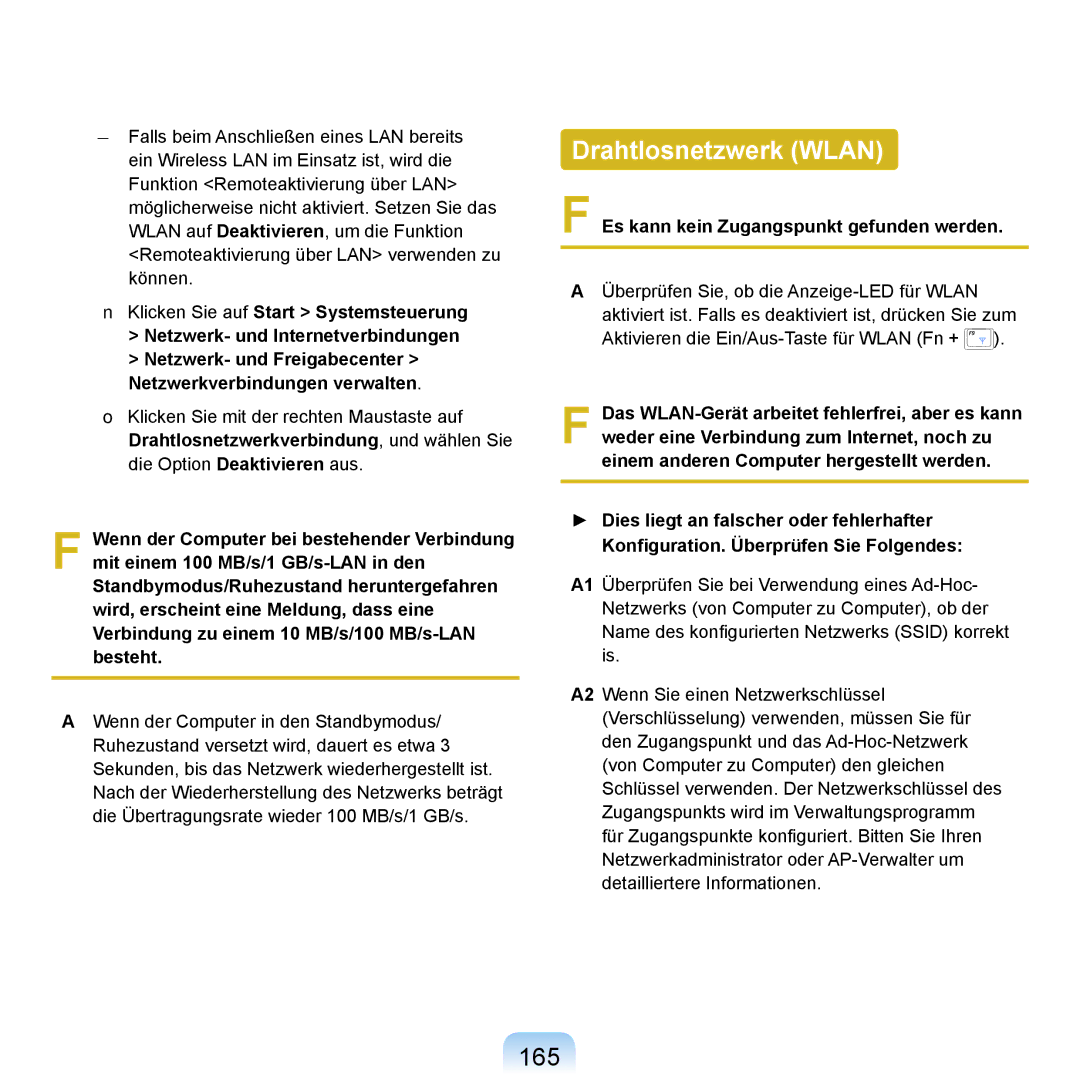 Samsung NP-R20F003/SEG, NP-R20F002/SEG manual Drahtlosnetzwerk Wlan, 165, Es kann kein Zugangspunkt gefunden werden 