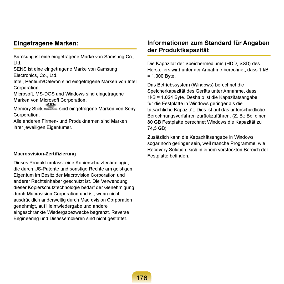 Samsung NP-R20F001/SEG manual 176, Eingetragene Marken, Informationen zum Standard für Angaben der Produktkapazität 