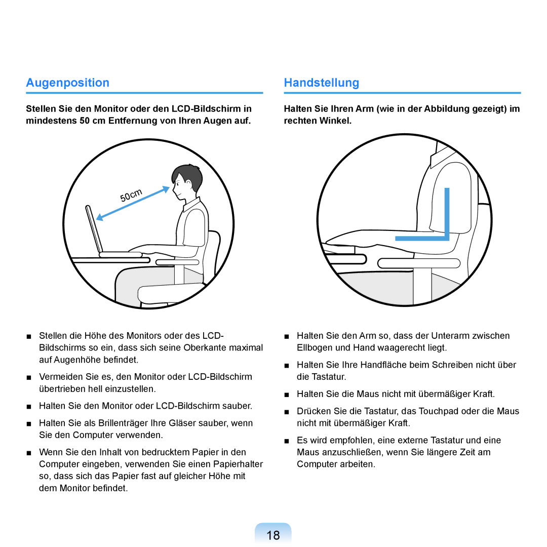 Samsung NP-R20F000/SEG, NP-R20F002/SEG, NP-R20F003/SEG, NP-R20F001/SEG, NP-R20A000/SEG manual Augenposition, Handstellung 