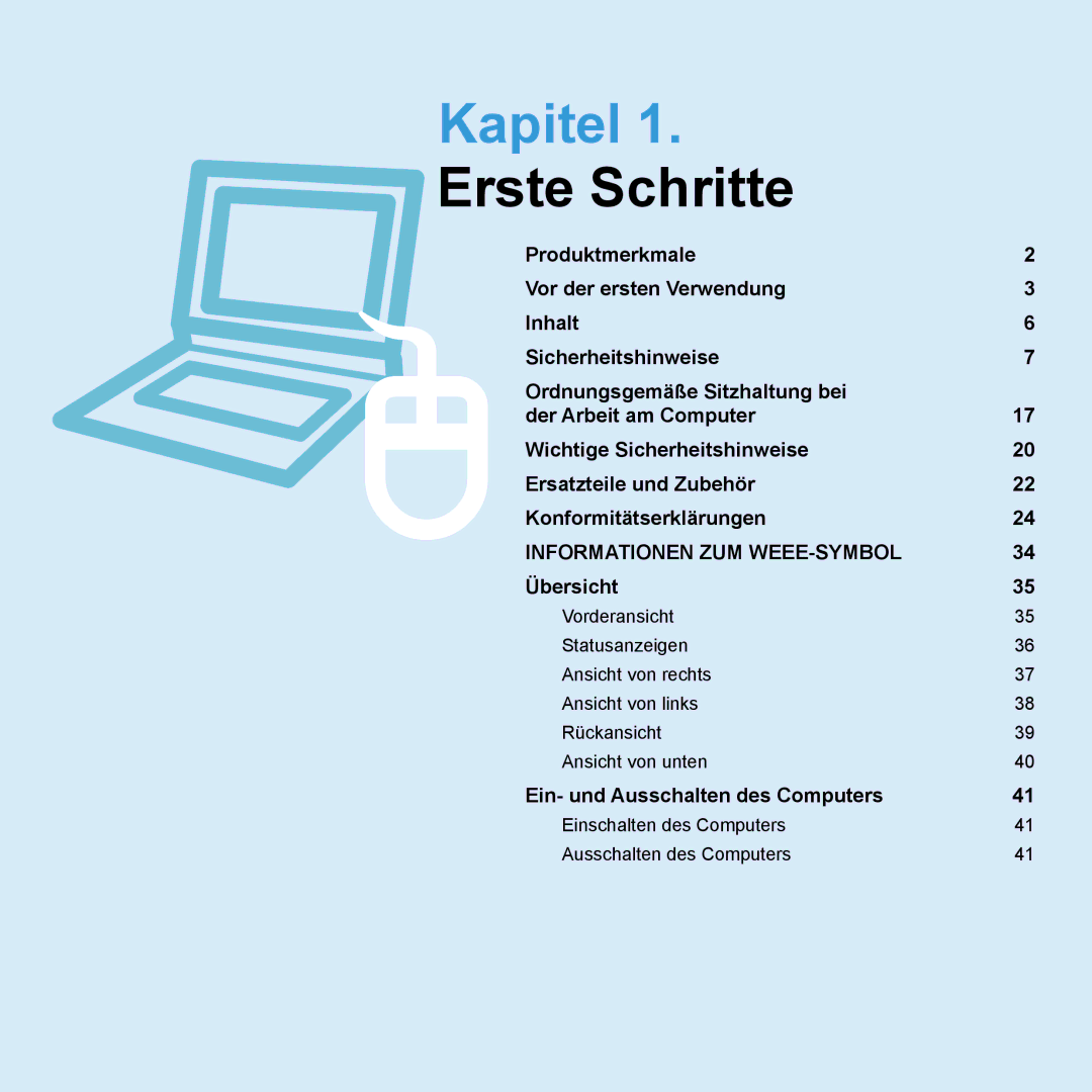 Samsung NP-R20F001/SEG, NP-R20F002/SEG, NP-R20F003/SEG manual Kapitel, Einschalten des Computers Ausschalten des Computers 