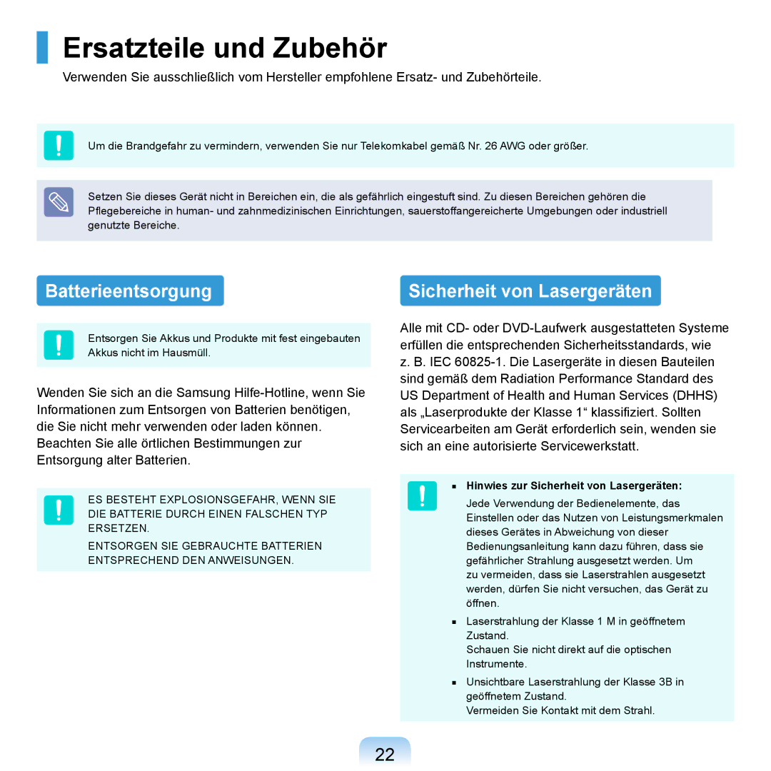 Samsung NP-R20A000/SEG manual Ersatzteile und Zubehör, Batterieentsorgung, Hinwies zur Sicherheit von Lasergeräten 