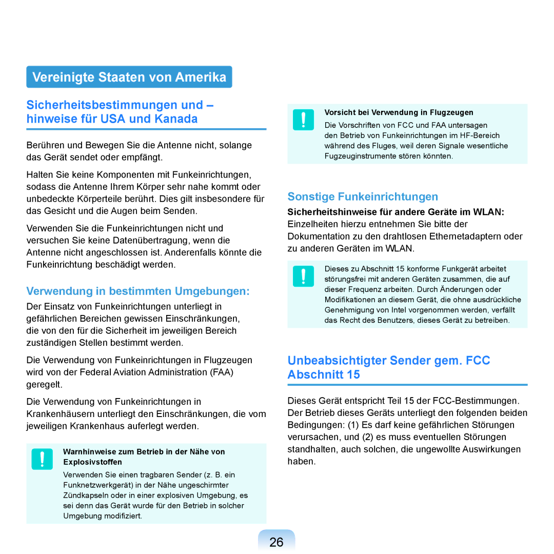 Samsung NP-R20F001/SEG manual Vereinigte Staaten von Amerika, Sicherheitsbestimmungen und hinweise für USA und Kanada 