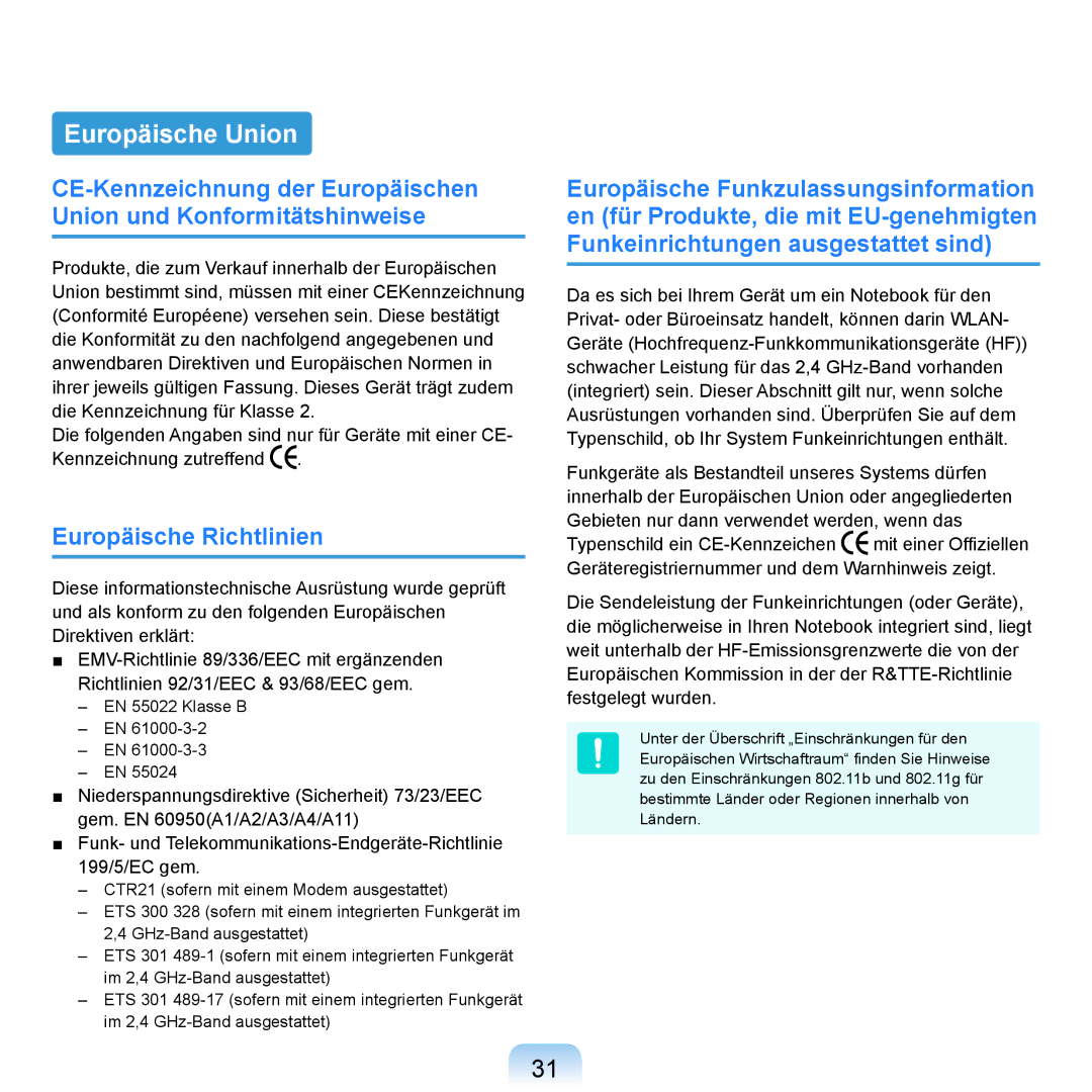 Samsung NP-R20F001/SEG, NP-R20F002/SEG, NP-R20F003/SEG, NP-R20A000/SEG manual Europäische Union, Europäische Richtlinien 