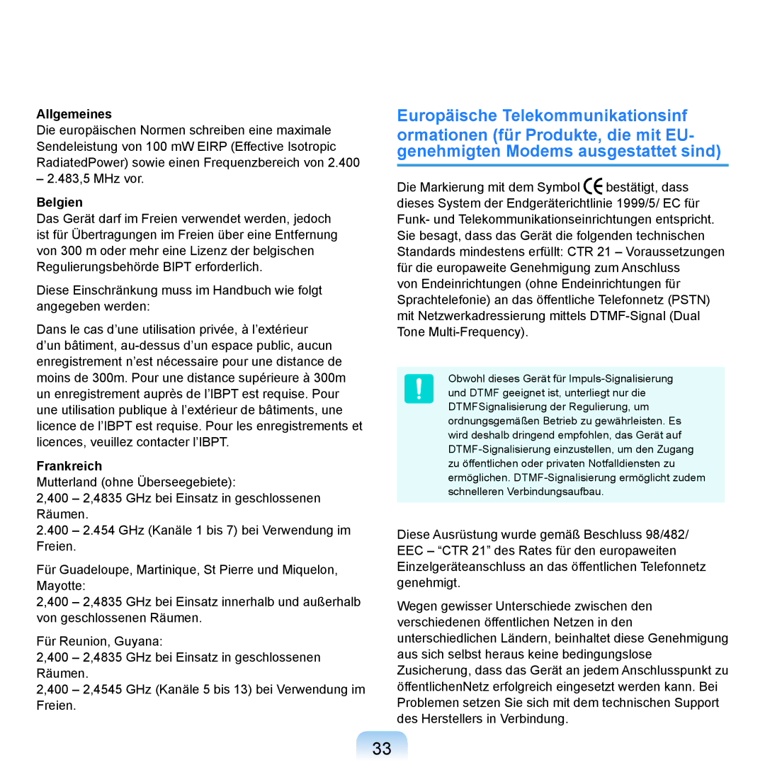 Samsung NP-R20F000/SEG, NP-R20F002/SEG, NP-R20F003/SEG, NP-R20F001/SEG, NP-R20A000/SEG manual Allgemeines, Belgien, Frankreich 