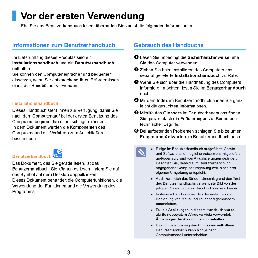 Samsung NP-R20F000/SEG manual Vor der ersten Verwendung, Informationen zum Benutzerhandbuch, Gebrauch des Handbuchs 