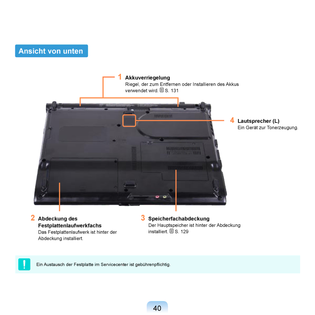 Samsung NP-R20F003/SEG manual Ansicht von unten, Akkuverriegelung, Lautsprecher L, Abdeckung des Festplattenlaufwerkfachs 