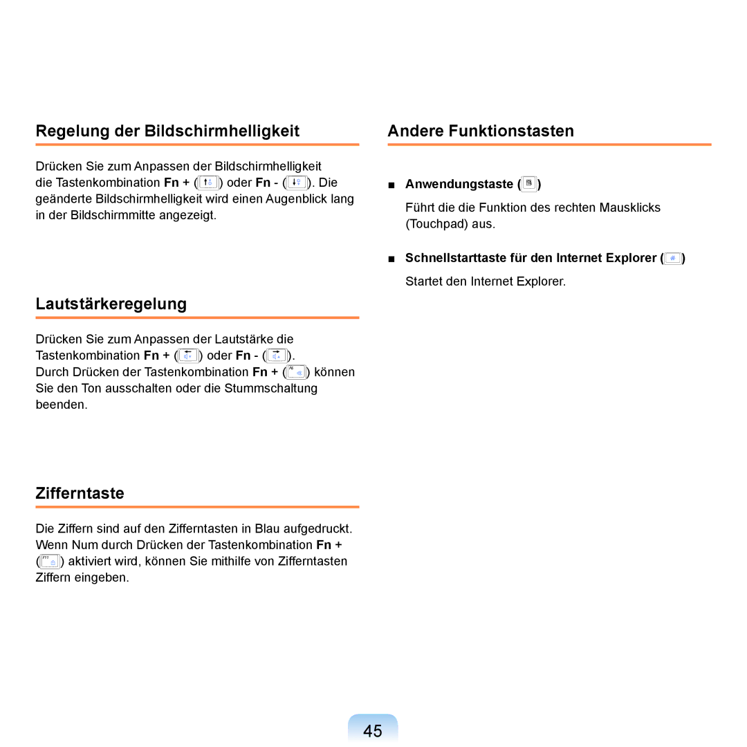 Samsung NP-R20F003/SEG manual Regelung der Bildschirmhelligkeit, Lautstärkeregelung, Zifferntaste, Andere Funktionstasten 