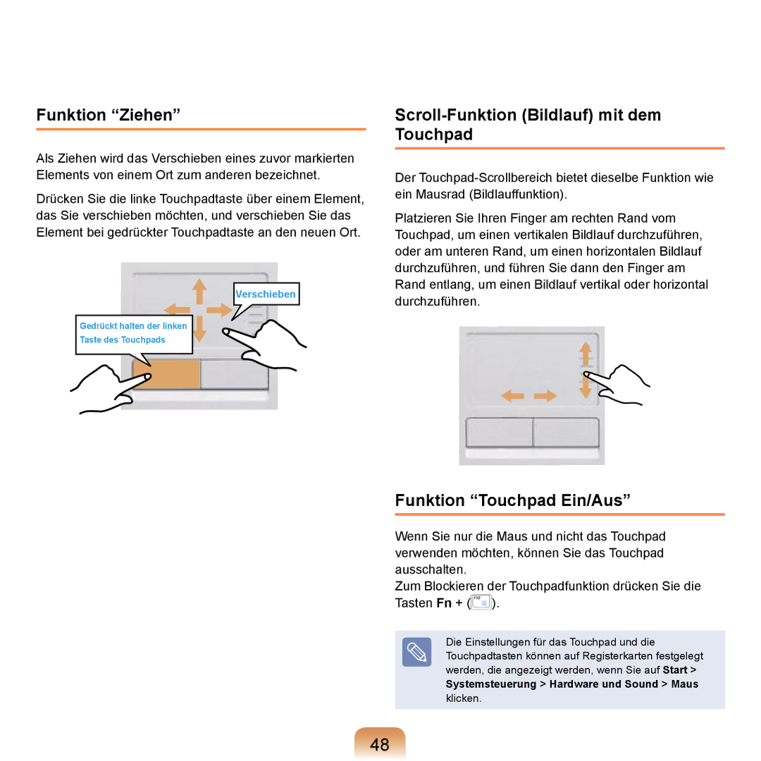 Samsung NP-R20F000/SEG manual Funktion Ziehen, Scroll-Funktion Bildlauf mit dem Touchpad, Funktion Touchpad Ein/Aus 