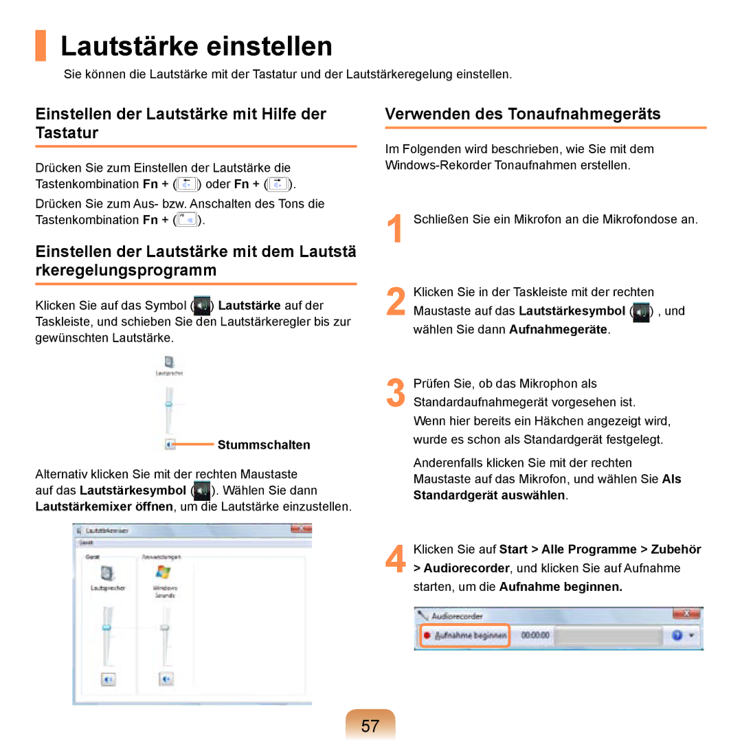 Samsung NP-R20A000/SEG, NP-R20F002/SEG manual Lautstärke einstellen, Einstellen der Lautstärke mit Hilfe der Tastatur 