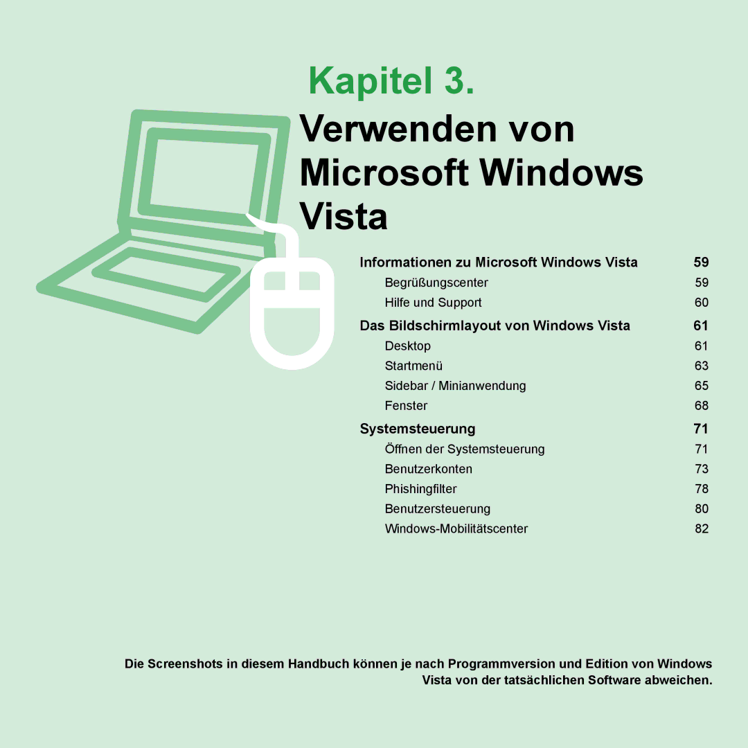 Samsung NP-R20F000/SEG, NP-R20F002/SEG, NP-R20F003/SEG, NP-R20F001/SEG manual Kapitel 3. Verwenden von Microsoft Windows Vista 