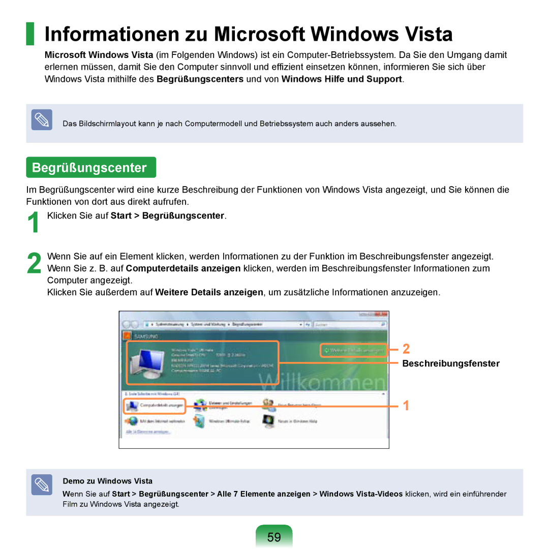 Samsung NP-R20F002/SEG manual Informationen zu Microsoft Windows Vista, Klicken Sie auf Start Begrüßungscenter 