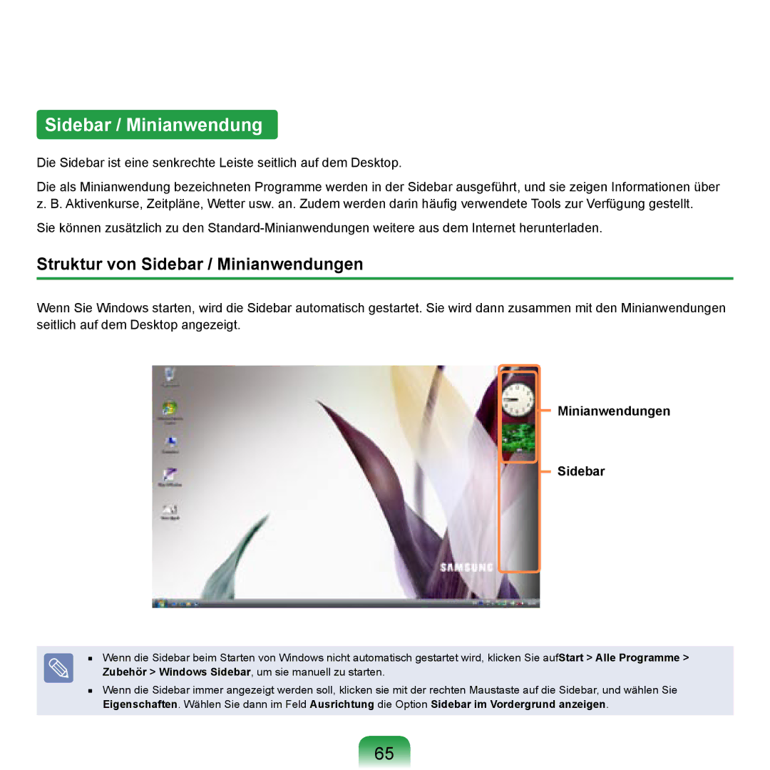 Samsung NP-R20F003/SEG, NP-R20F002/SEG, NP-R20F001/SEG Struktur von Sidebar / Minianwendungen, Minianwendungen Sidebar 