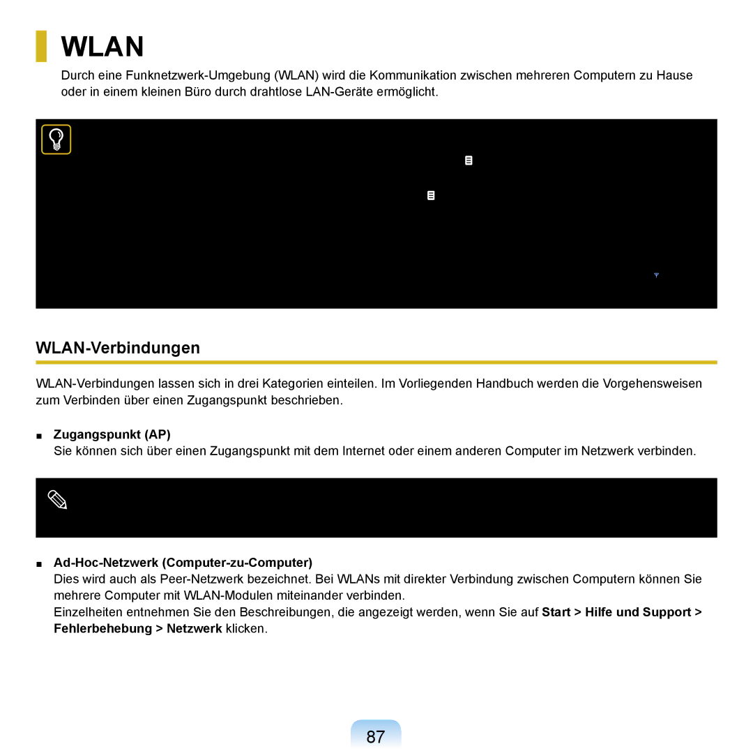 Samsung NP-R20A000/SEG, NP-R20F002/SEG manual WLAN-Verbindungen, Zugangspunkt AP, Ad-Hoc-Netzwerk Computer-zu-Computer 