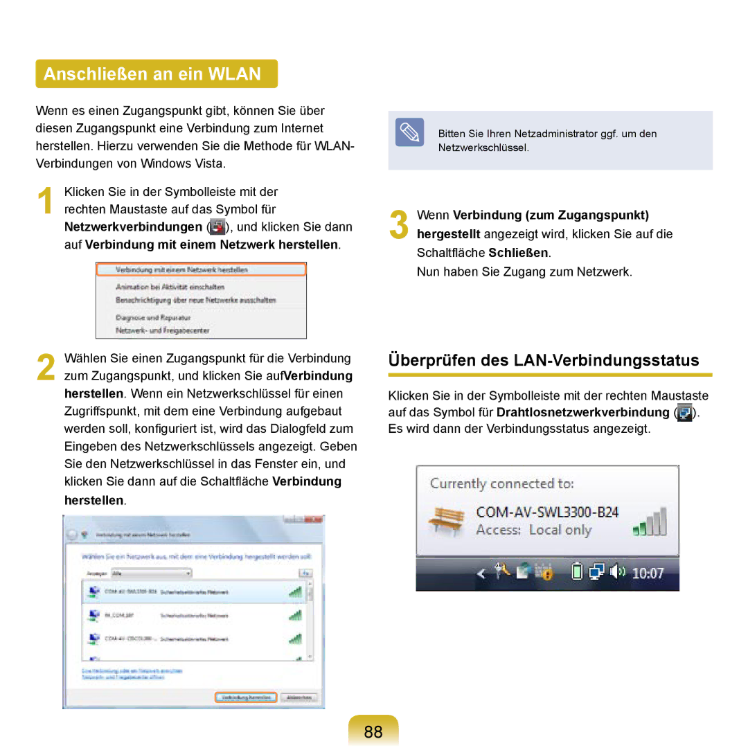 Samsung NP-R20F000/SEG, NP-R20F002/SEG, NP-R20F003/SEG manual Anschließen an ein Wlan, Überprüfen des LAN-Verbindungsstatus 